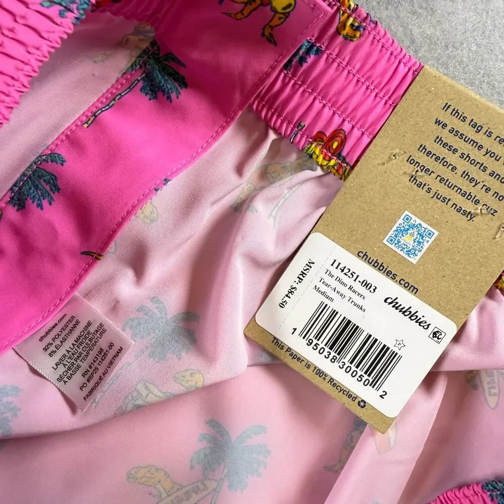 NWT Chubbies The Dino Racers pink tear-away trunks - swim suit funny  bold sz M